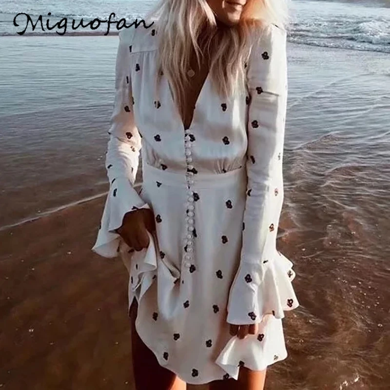 Miguofan женские Платья с цветочным принтом сексуальные мини-платья на пуговицах