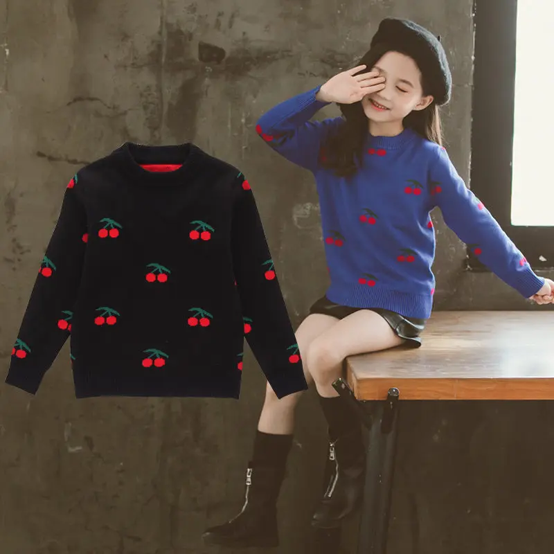 

New 2019 Spring Autumn New Design Baby Girls Pullover Sweater Cherry Pattern Sweet Children Tops Girls Sweater Clothing 4-13Y
