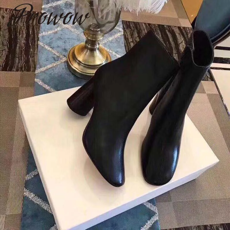 

Prowow New Black White Genuine Leather Zip Side Ankle Boots Round Toe High Heel Autumn Winter Boots Shoes Women