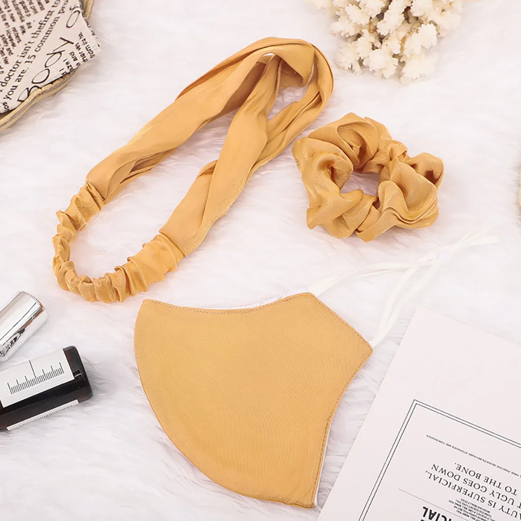 

Women's Silk And Satin Masque Multicolor Hair Band Headband Mask Washable Reusable Face Masks Three-piece Set Mascarilla