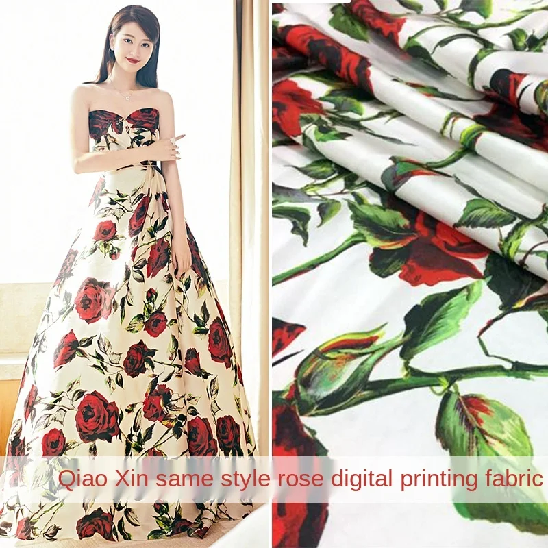 

Italian D Luxury Brand 100% Polyester Rose Printed Fashion Fabric Per Meter Sewing Wholesale Cloth