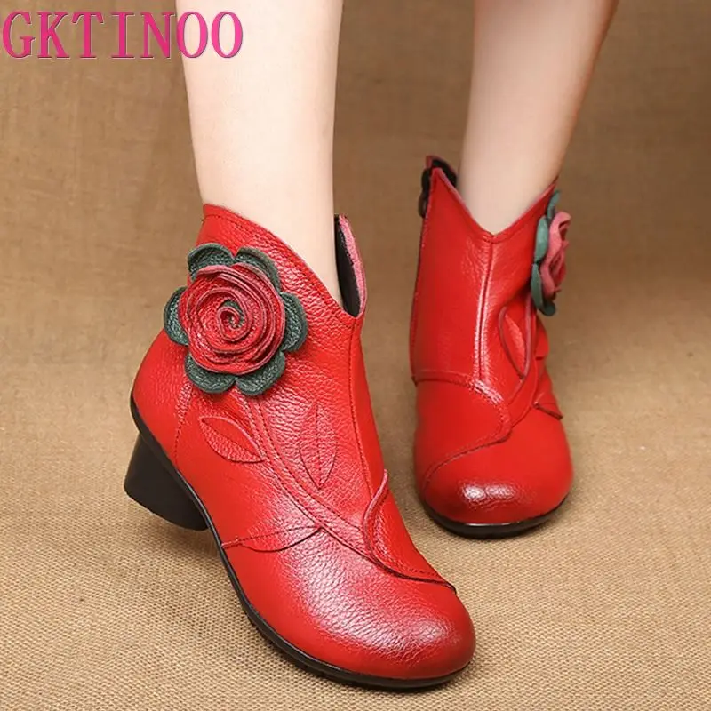 GKTINOO 2019 New Female Boots Handmade Ethnic Style Thick With Heels Women's Shoes Winter Genuine Leather Ladies Cotton Boots