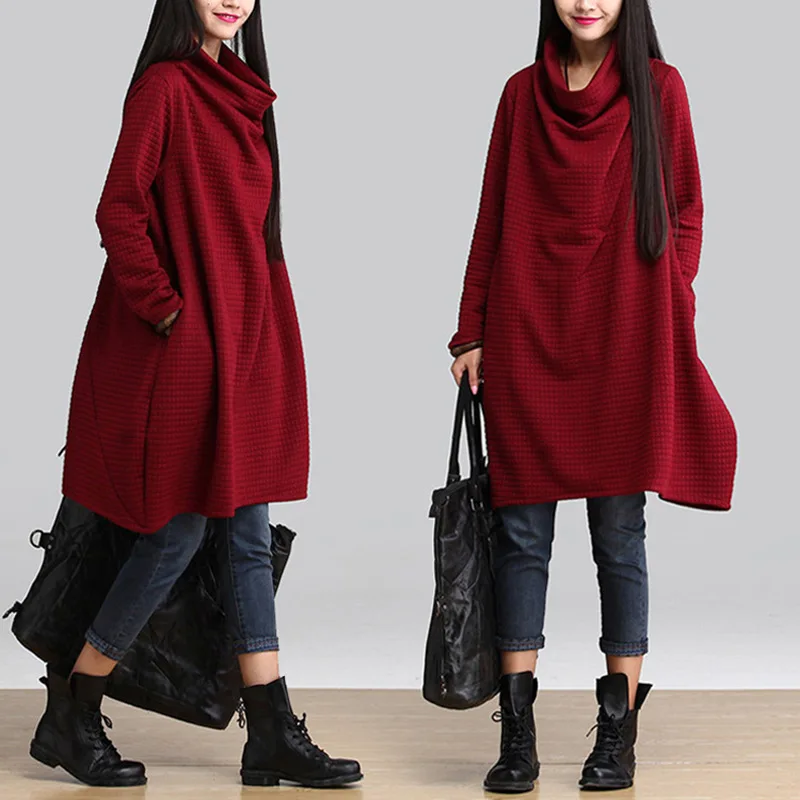 

2019 Spring New Style Korean-style Large Size Dress Literature And Art Heap Collar Medium-length Dress Loose-Fit Slimming Long-s
