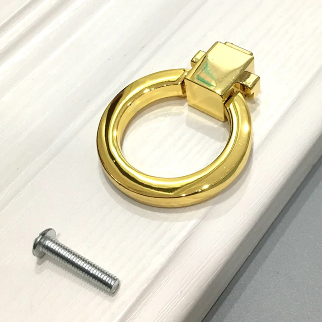 Bright Golden Color Cabinet Knob Vintage Round Ring Handle Metal Furniture Hardware Replacement Part Zinc Alloy