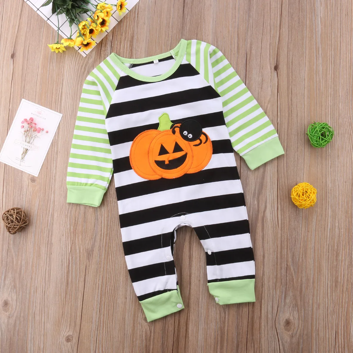 0-18M Halloween Newborn Baby Girl Boy Rompers Long Sleeve Cartoon Pumpkin Striped Jumpsuit Playsuit Autumn Baby Costumes