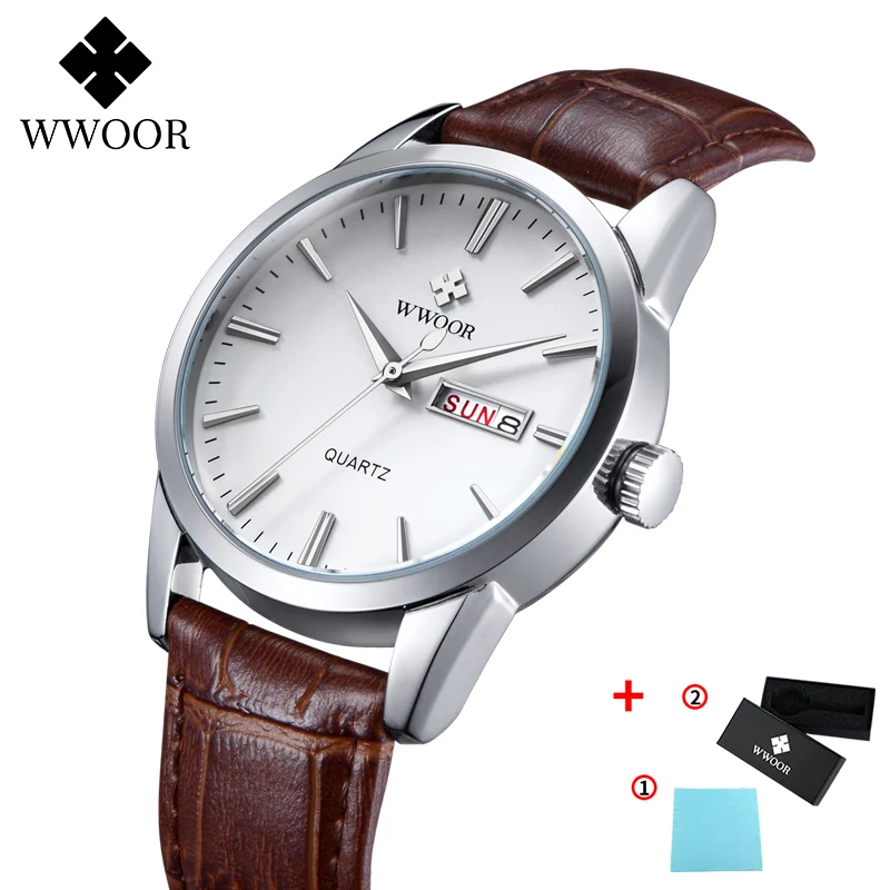 WWOOR Leather Men's Watch Top Brand Luxury Date Waterproof Watches Mens 2020 Casual Quartz Wrist Watch For Men Relogio Masculino