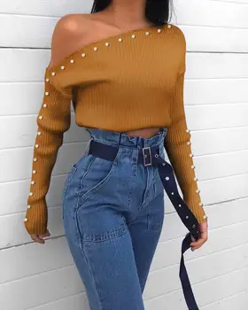 

Women Beaded Skew Neck Batwing Sleeve Ribbed Blouse Lady Casual Streetwear Sweater Top And Shirt Female Pullovers Femme Vestidos