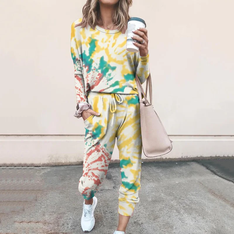 

Tie Dye 2 Two Piece Set Women Casual Autumn Tracksuit Top Print Long Pant Knit Loose Suits Hoodies Pencil Pants