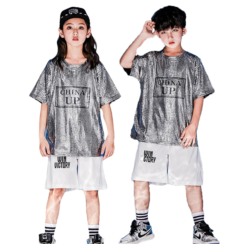 

Детская Серебристая футболка в стиле "лоланта", унисекс, костюм с топом или шортами, повседневная одежда для мальчиков, наряд в стиле хип-хоп для девочек