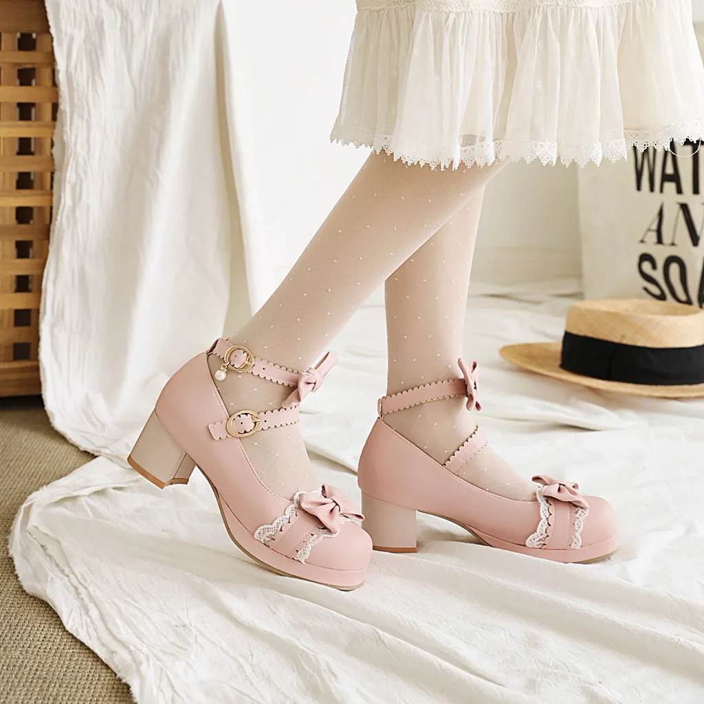 Lolita Girls Mary Janes Shoes Bowknot Princess Ruffles Japan Sweet Bride Wedding Party Dress Pumps Cosplay Pink Plus Size 34-48