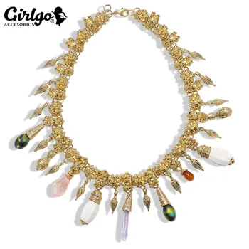 

Girlgo Za Necklaces For Women Metal Natural Stone High Quality Water Drop Multicolored Statement Wedding Party Gifts Wholesale