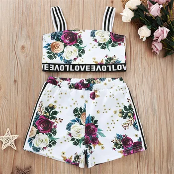 

Summer 2Pcs Set Baby Kids Girl Clothes Floral Strap Vest Floral Shorts Pants Outfits Set 1-5Y