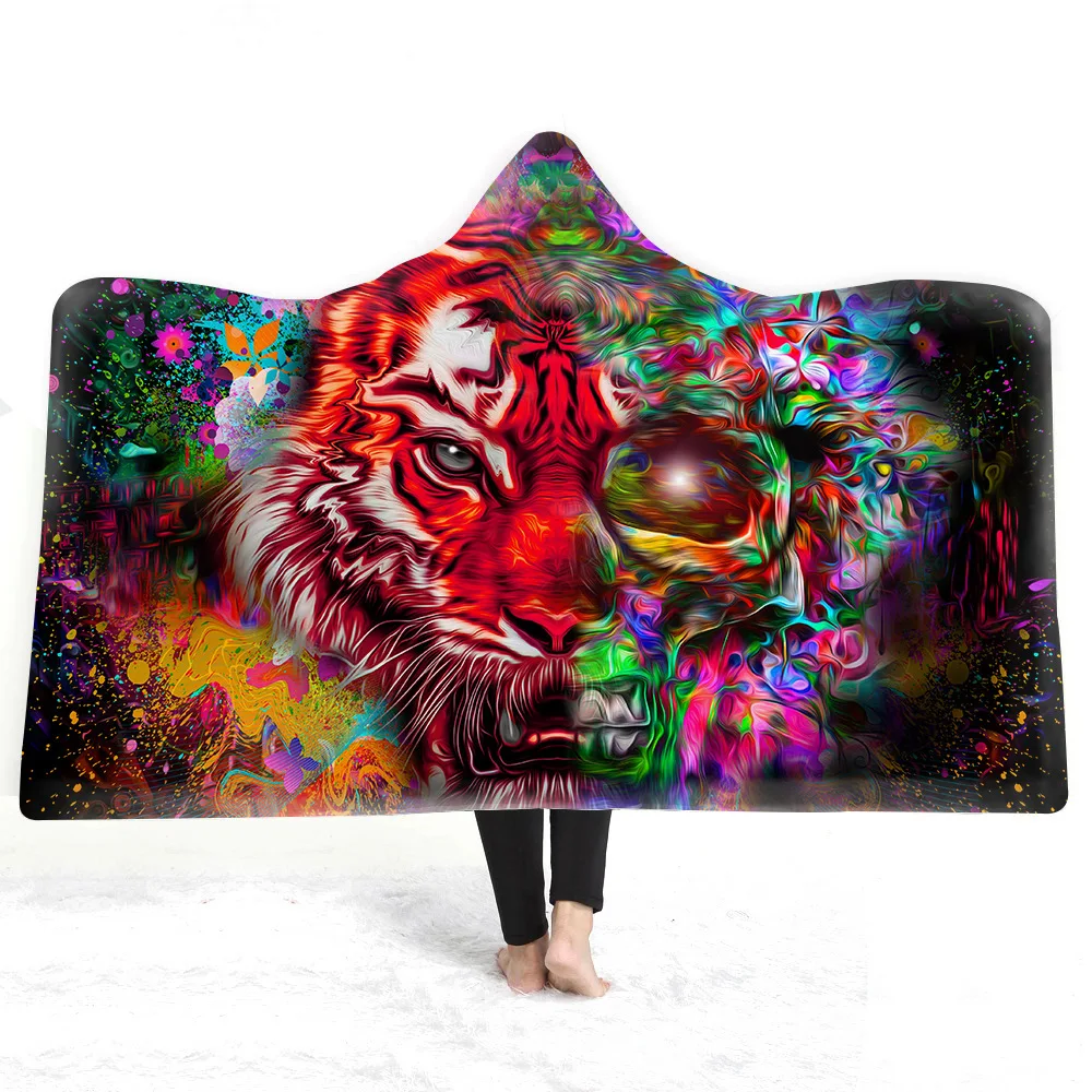 

Modern Fashion Hooded Blanket Watercolor Tiger 3D Printed Art Plush Sherpa Fleece Hoodie Blanket For Adults Childs Throw Blanket