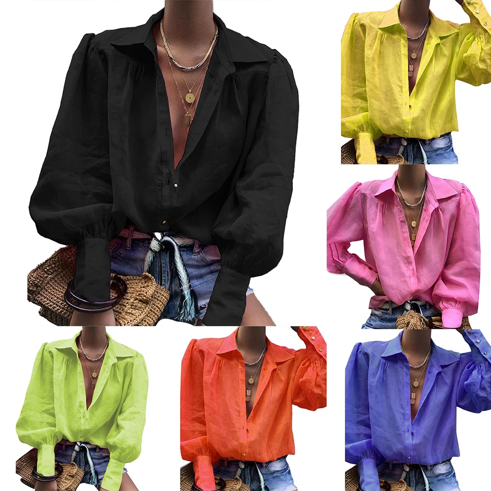 Fashion Office Lady Solid Color Turn Down Collar V Neck Long Sleeve Shirt Blouse