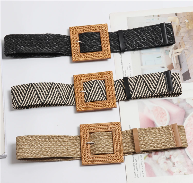 

Summer Elastic Imitate Woven Straw Waist Belts Square Buckle Adjustable Woven-straw Waistband Bohemian Beach Dress Belts BZ19