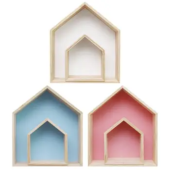 

2Pcs House Shaped Wood Bedroom Display Rack Living Room Storage Shelf Decor Household Wall Mounted Painted Holder Display
