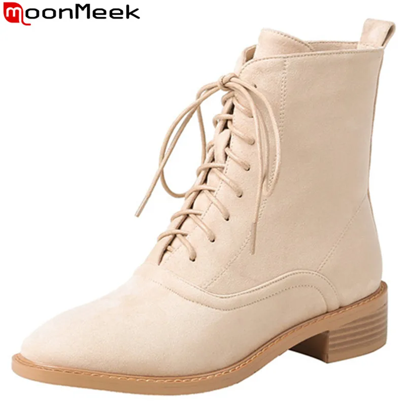

MoonMeek 2020 new ankle boots for women square toe suede leather boots low heels lace up ladies autumn winter boots