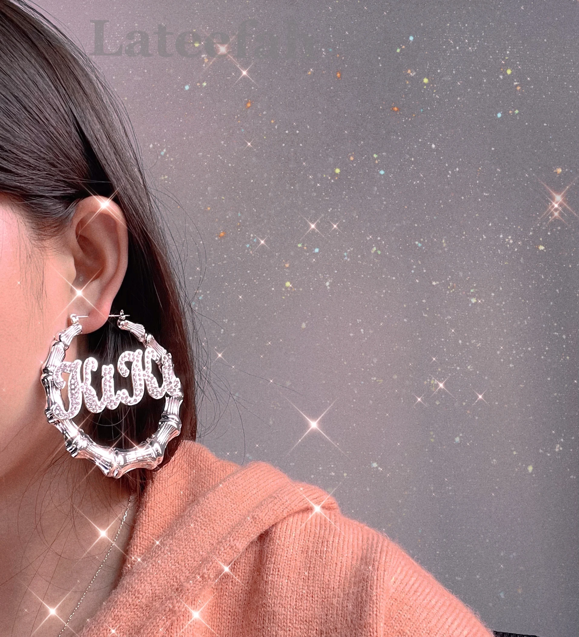 Stainless Steel Bamboo Hoop Earrings Customize Name Earrings Bamboo Style  Earring With White diamond for Mother's Day Gift