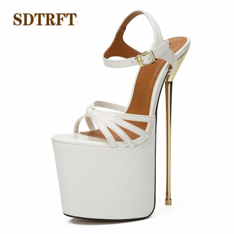 SDTRFT/женские сандалии-гладиаторы для вечеринок летние модельные туфли на высоком тонком каблуке 22 см туфли-лодочки на платформе с открытым носком и пряжкой большие размеры: 38-44, 45, 46 - Цвет: Белый