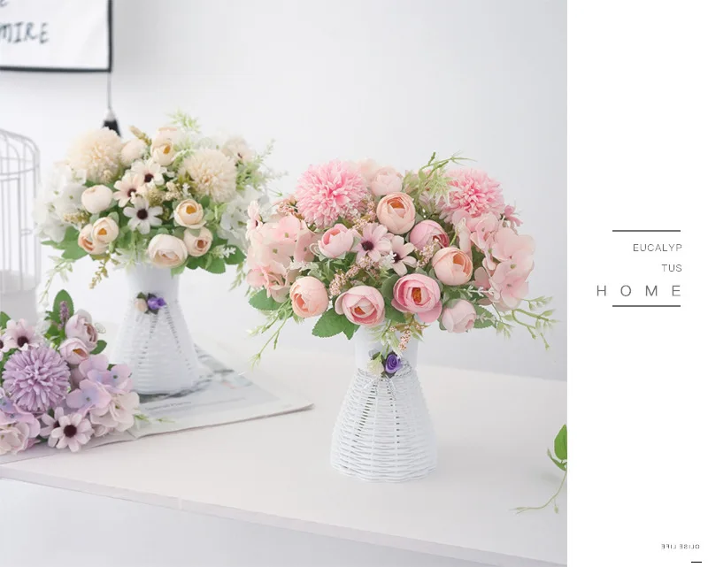 European Fake Rose Peony Flower Small bouquets Home Decor,Artificial Wedding Flowers Hydrangea Pompom Light Color Faux Flowers