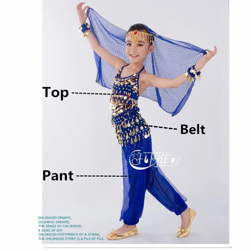 Dark Blue 3PCS Детский костюм для танца живота, карнавал, Египетский костюм с поясом, детская одежда для индийского танца, одежда для девочек, комплект одежды для танца живота для выступлений в Болливуде - Цвет: Dark Blue 3PCS