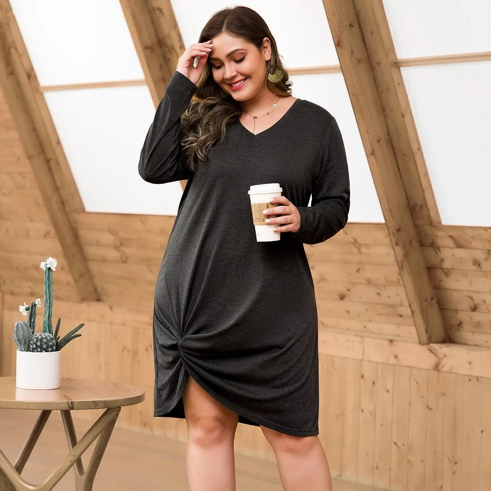

Plus Size Womens Casual Long Sleeve Twist Tie Front Knot Midi Dresses Pleated T Shirt Dress for Autumn
