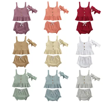 

0-24M Toddler Newborn Baby Girls Clothes Set Summer Short Sleeve T-shirts+Shorts+Headband 3Pcs Infant Ribbed Knitted Clothing
