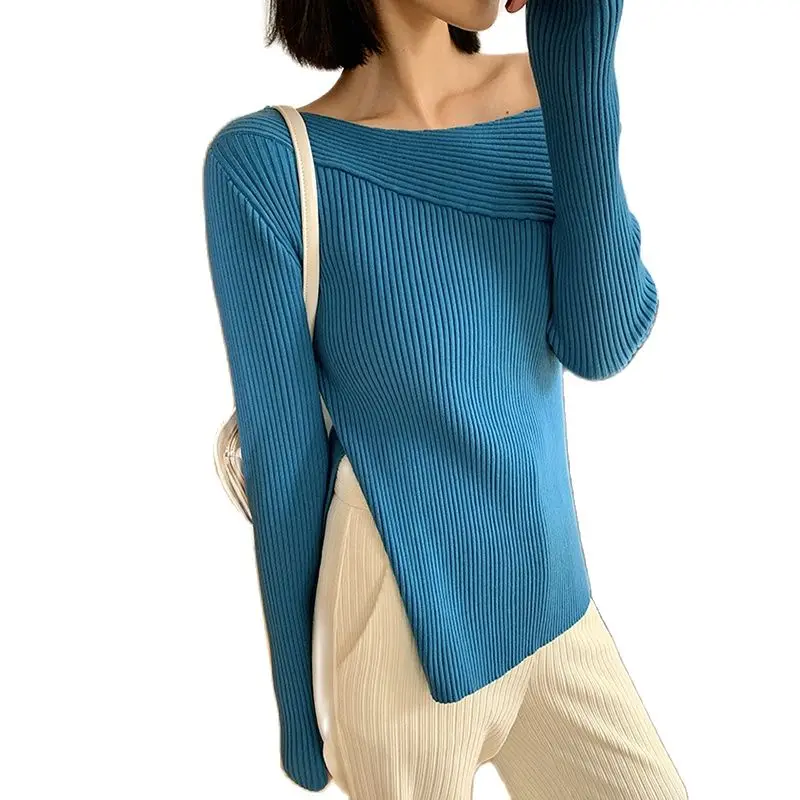 

Женский свитер с воротником-лодочкой, повседневный трикотажный пуловер с разрезом, вязаный свитер в Корейском стиле, зима