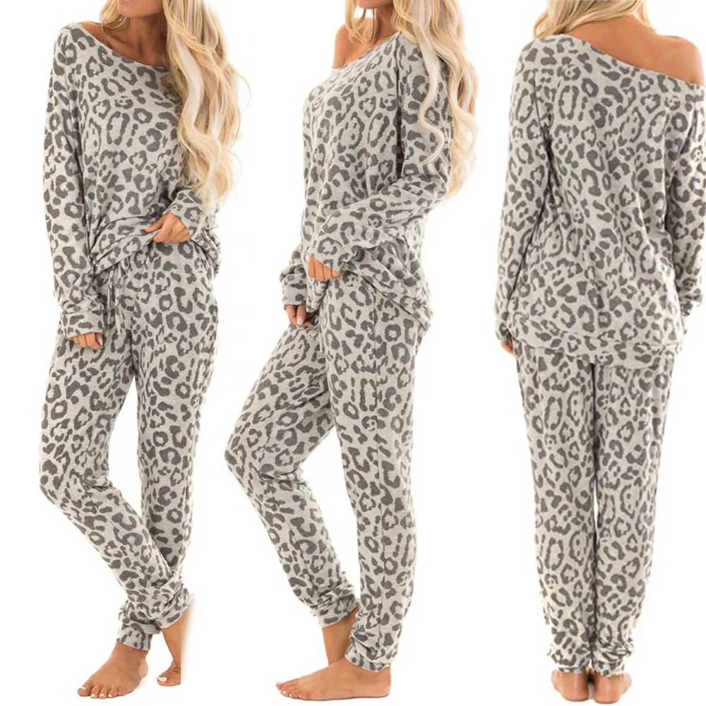 Autumn Winter Sport Suit Women Leopard Print Pants Sets Shirts Running Set Jogging Suits Sweatpants Sportswear Yoga Set#G35