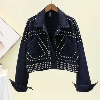 

Women Rivet Pocket Short Denim Jacket Coat Hip Hop Autumn Winter Single-Breasted Loose Long Sleeve Denim Jacket Jeans Overwear