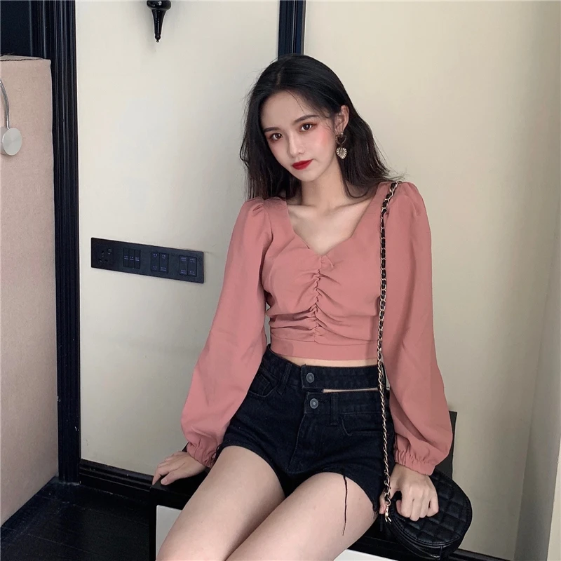 Coreana na Moda Camisas Femininas Primavera Sólida Nova Chegada Retro Puff Manga Túnica Colheita Topo Elegante Sexy Bodycon Longa Camisa Senhora 6 High Quality Moda Feminina