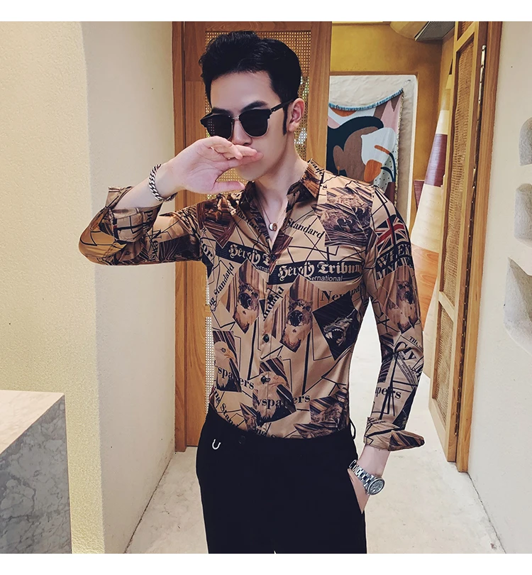 Весна, Camisa Homem, мужская рубашка с цветочным принтом, золотая, с принтом газет, мужская рубашка с длинным рукавом, Camisa Masculina, рубашки, мужская одежда