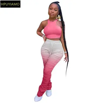 

HPUYIAMO Sport Gradient Women Set Two Piece Set Tracksuit Crop Tops Stacked Jogger Sweatpants Suit Fitness Outfit Matching Set