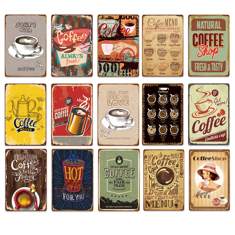 

Fresh Coffee Signs Classic Iron Plaques Art Plate Poster Retro Metal Tin Sign Cafe Coffee Shop Wall Stickers Decorative Painting