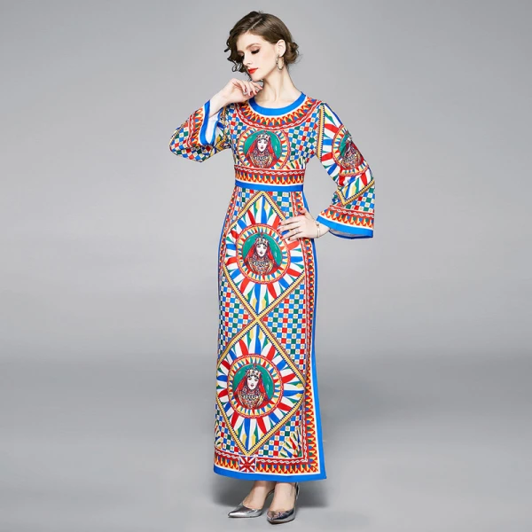 Летнее Сицилийское подиумное Макси платье женское праздничное роскошное воин шахматная доска геометрический принт элегантное платье с длинным рукавом