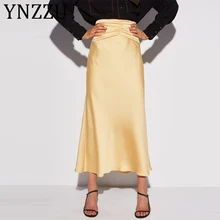 YNZZU весна лето женская сатиновая юбка с высокой талией желтая элегантная длинная юбка шелковая имитация роскошная женская юбка низ AB281