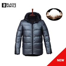 Черная Виниловая Высококачественная Толстая теплая зимняя куртка для мужчин с капюшоном, 90% белый утиный пух, Повседневная Уличная куртка с карманом