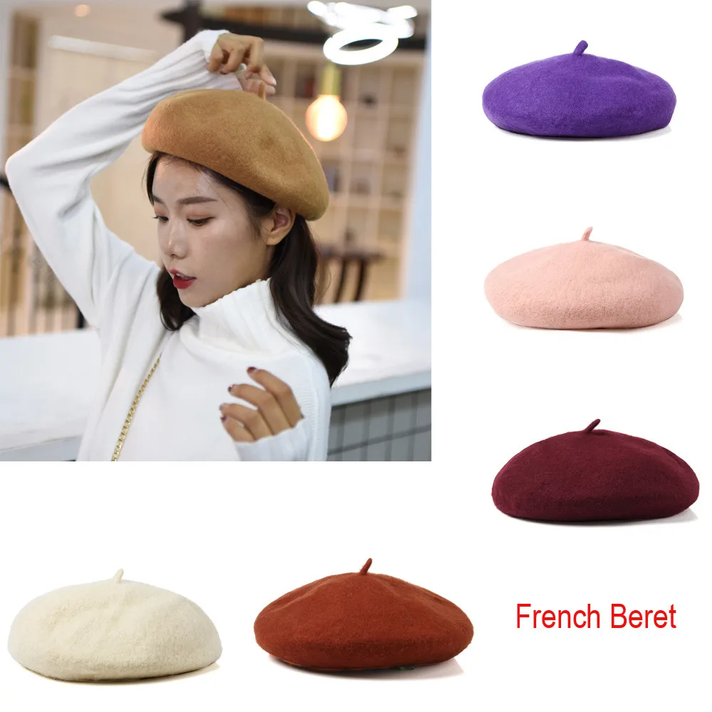

20#spring Winter Berets Hat Painter style hat Women Wool Vintage Berets Solid Color Caps Female Bonnet Warm Walking Cap