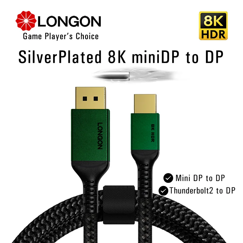 

LONGON Silver Plated Mini DisplayPort Cable to DP1.4 thunderbolt2 8K/60Hz 4K144Hz HDR For Macbook Monitor RTX3080 0.5M 1.5M 2M