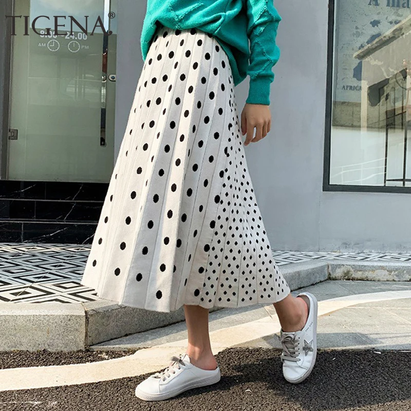 

TIGENA Black White Polka Dot Knitted Long Skirt Women Fashion 2019 Autumn Winter Casual High Waist Pleated Skirt Midi Female