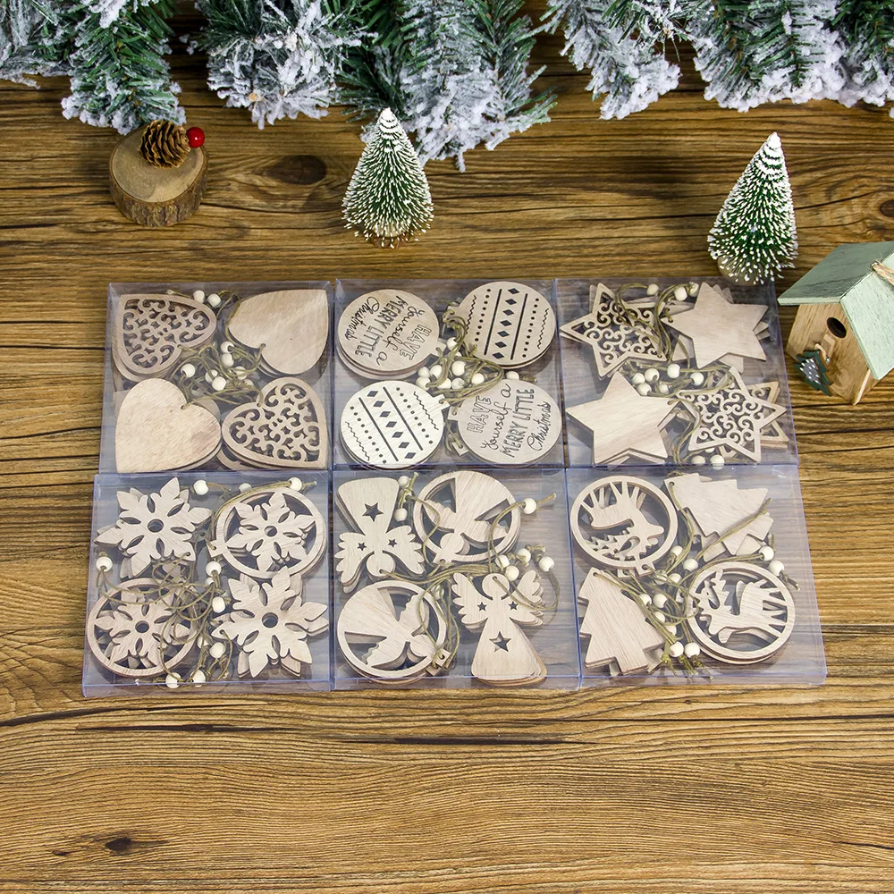 

10Pcs/box Christmas Decorations Wooden Openwork Christmas Snowflakes Pendant Christmas Tree Decorations adornos de navidad