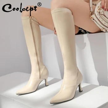 

Coolcept Women Knee Boots Fashion Zipper High Heel Winter Shoes Woman Sexy Pointed Toe Long Boot Lady Party Footwear Size 33-40