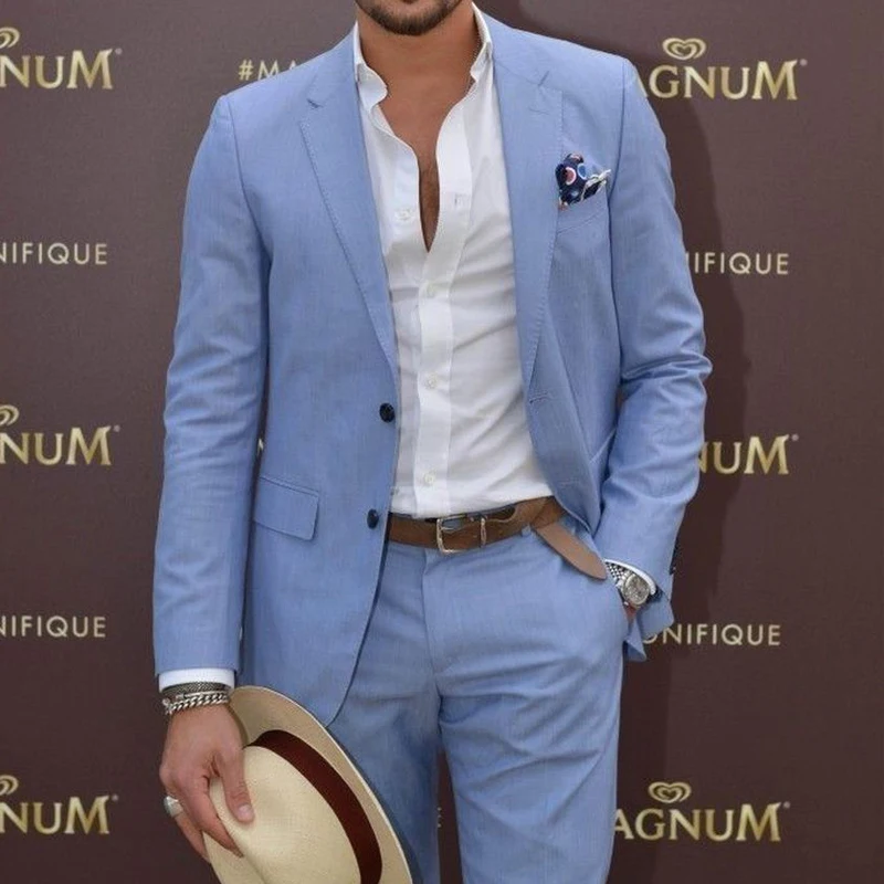 

Sky Blue Men Suits for Prom Party Slim Fit 2 Piece Wedding Tuxedo Groomsmen Fashion Jacket with Pants New Arrival 2023