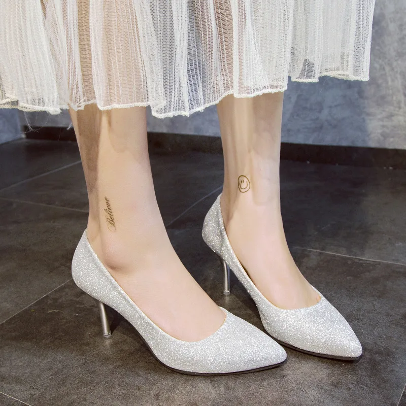 High Heels Women 2020 Spring Autumn New Fashion Pointed Toe Shallow Fine Heel with Frosted Sequin Gold Work Wedding Shoes Woman