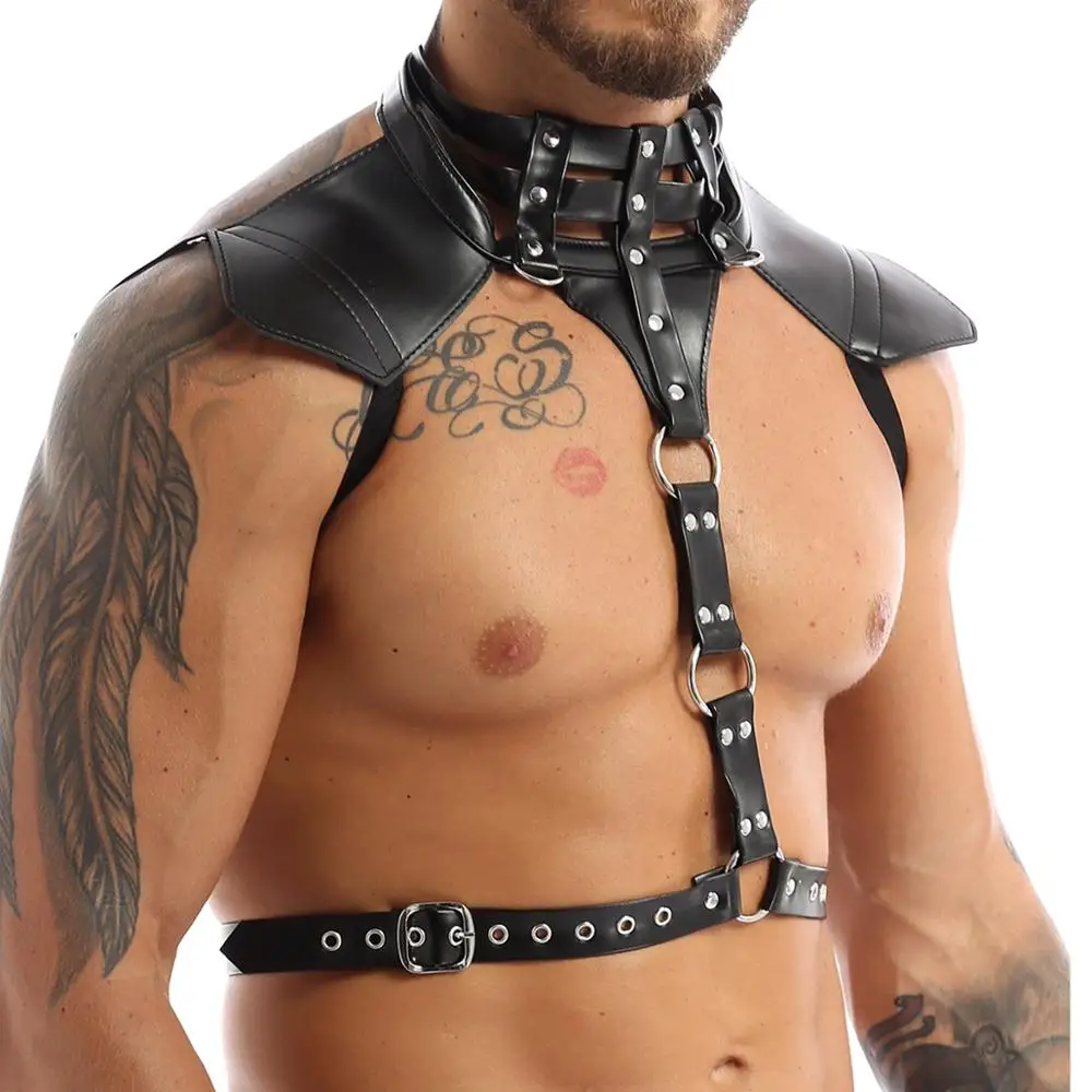 iiniim Mens Male Faux Leather Body Chest Harness Belt Halter Neck Buckles with O-ring Cosplay Costume Well-muscled Sexy Clubwear