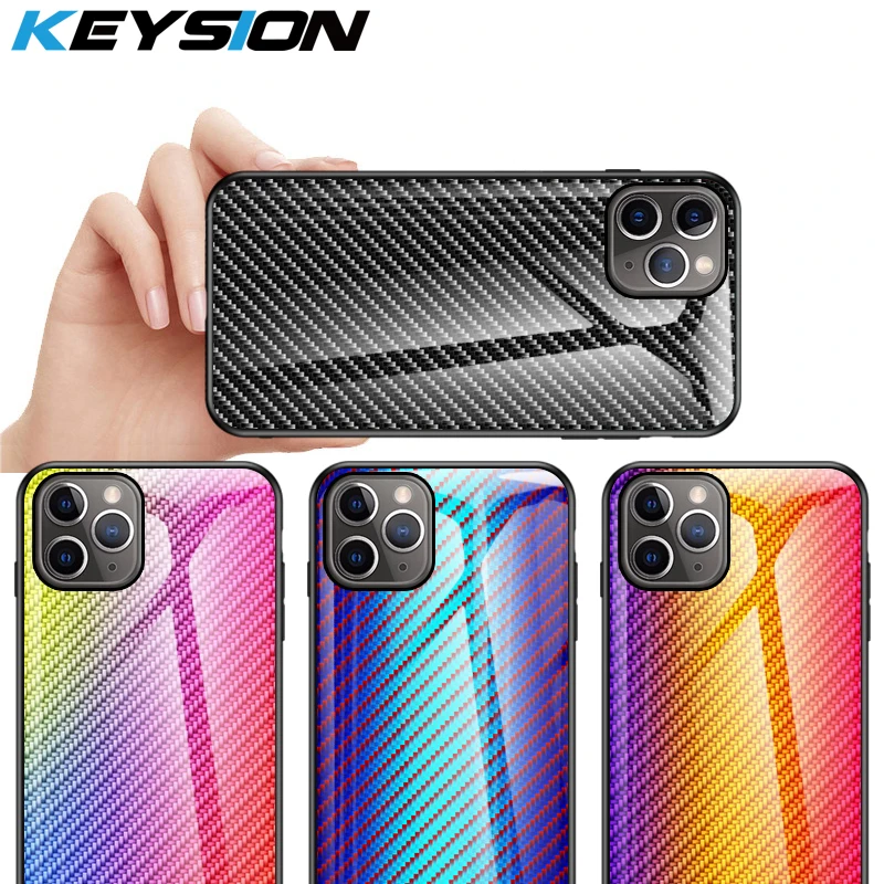 KEYSION Gradient Tempered Glass Case for iPhone 11 Pro Max Carbon fiber Shockproof Back Phone Cover |