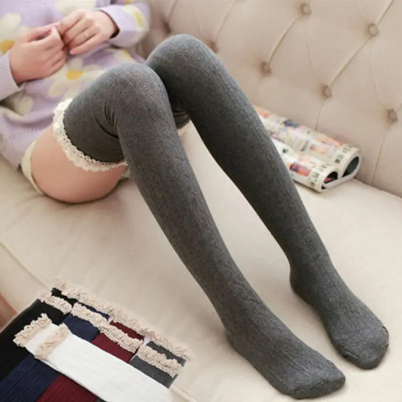 

Women Girls Cable Knit Extra Long Boot Stockings Lace Edge Over Knee Thigh High Warm Stocking