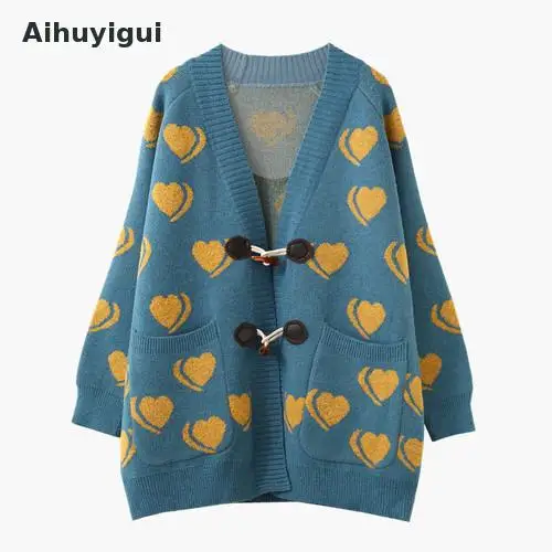 Aihuyigui осенне-зимнее Свободное пальто для женщин Открытый стежок сердце Вязаный свитер длинный рукав Рог пряжка теплые длинные кардиганы Hs698