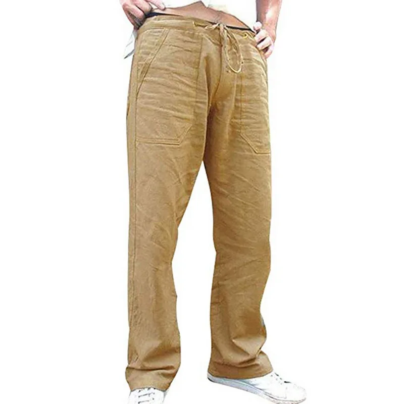 Мужские хлопковые льняные длинные брюки на шнурке, прямые свободные повседневные брюки с эластичной талией и карманами, мужские широкие брюки - Цвет: Khaki