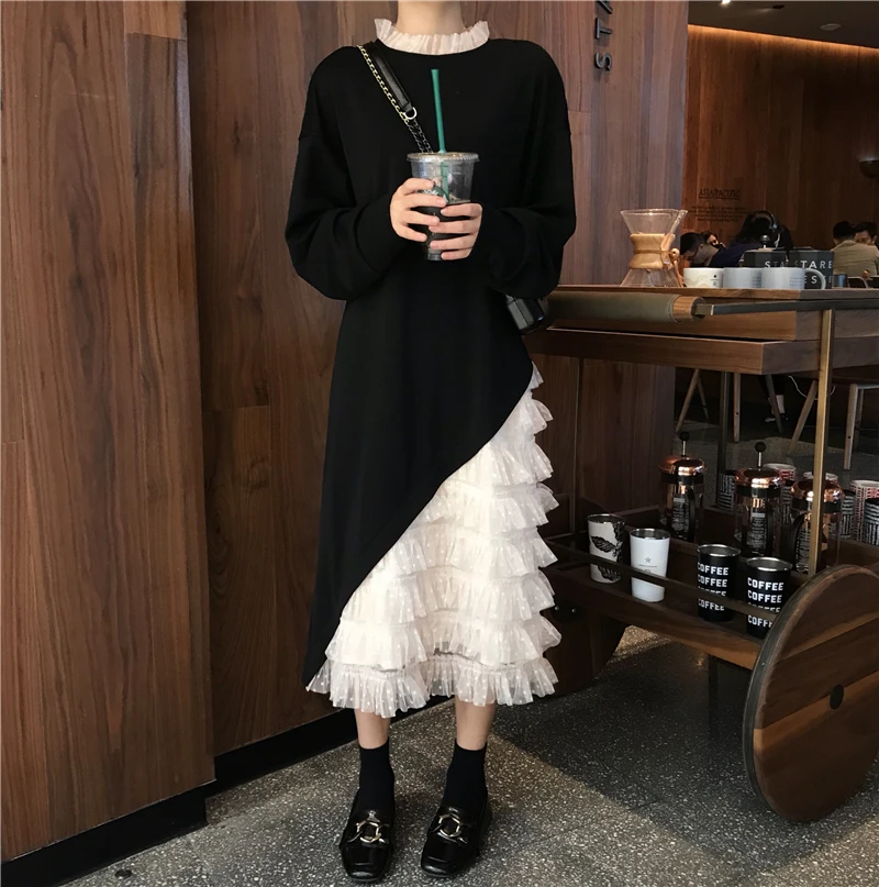 

M-4XL Plus Size Women Sweet Dress Autumn 2019 Fashion Long Sleeve Sweatshirt Patchwork White Polka Dot Lace Ruffle Dresses